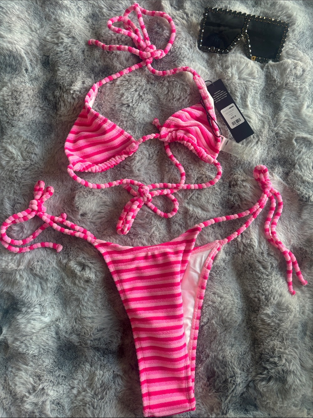 Fashion Nova Pink Striped Tie-Side Bikini Set 💫💕👌